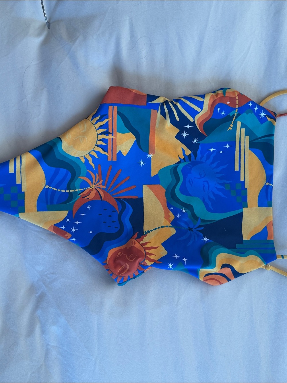 l*space Multicolor Abstract Sun & Wave Print Bikini Top - Blue, Yellow, Orange